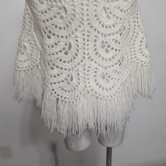 Off White Handmade Crochet Boho Bohemian Y2K Retro Fringe Shawl/Wrap One Size - Picture 10 of 14